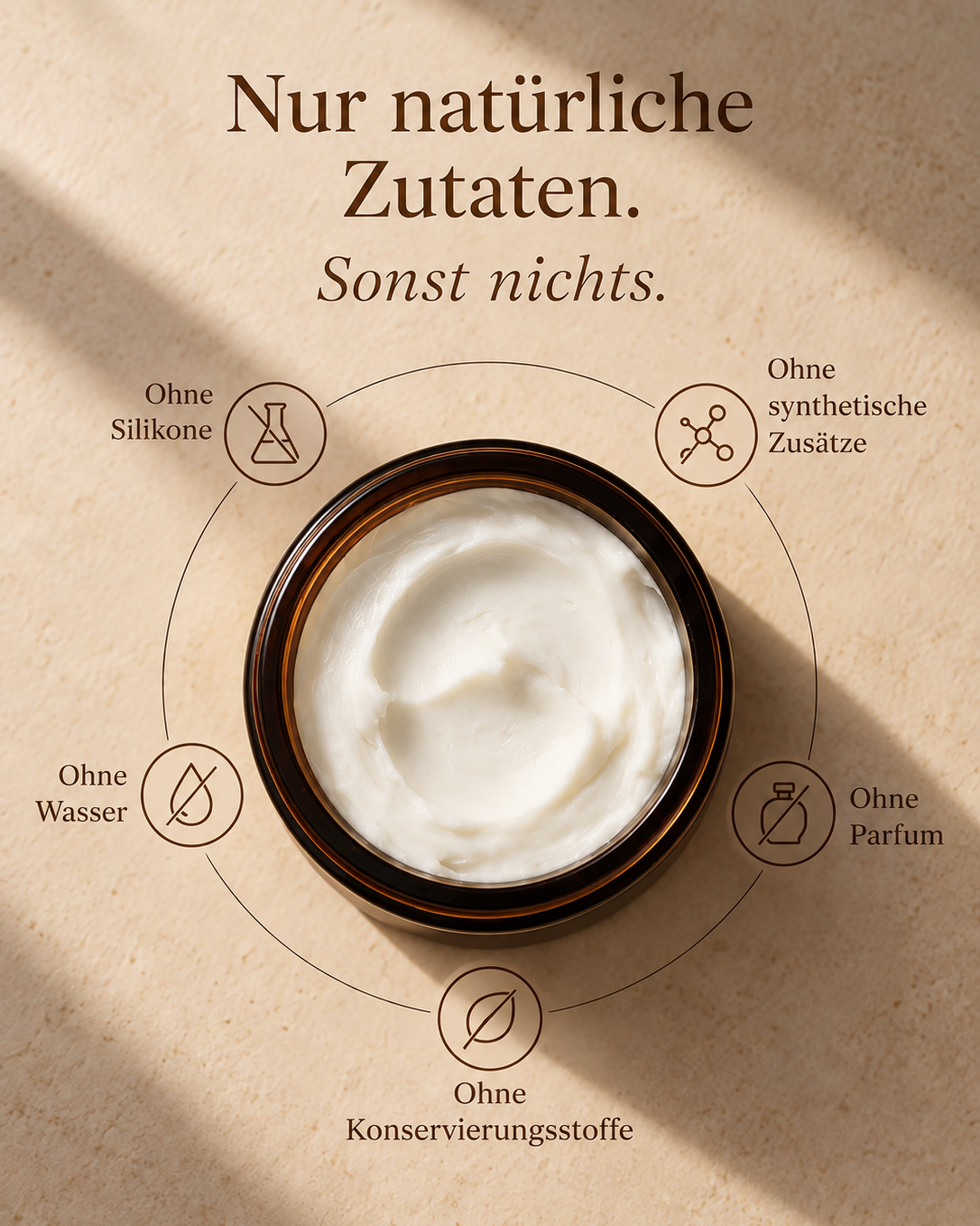 Infografik mit geöffnetem Tiegel BeefTallows Creme: nur natürliche Zutaten, ohne Silikone, synthetische Zusätze, Wasser, Parfum und Konservierungsstoffe
