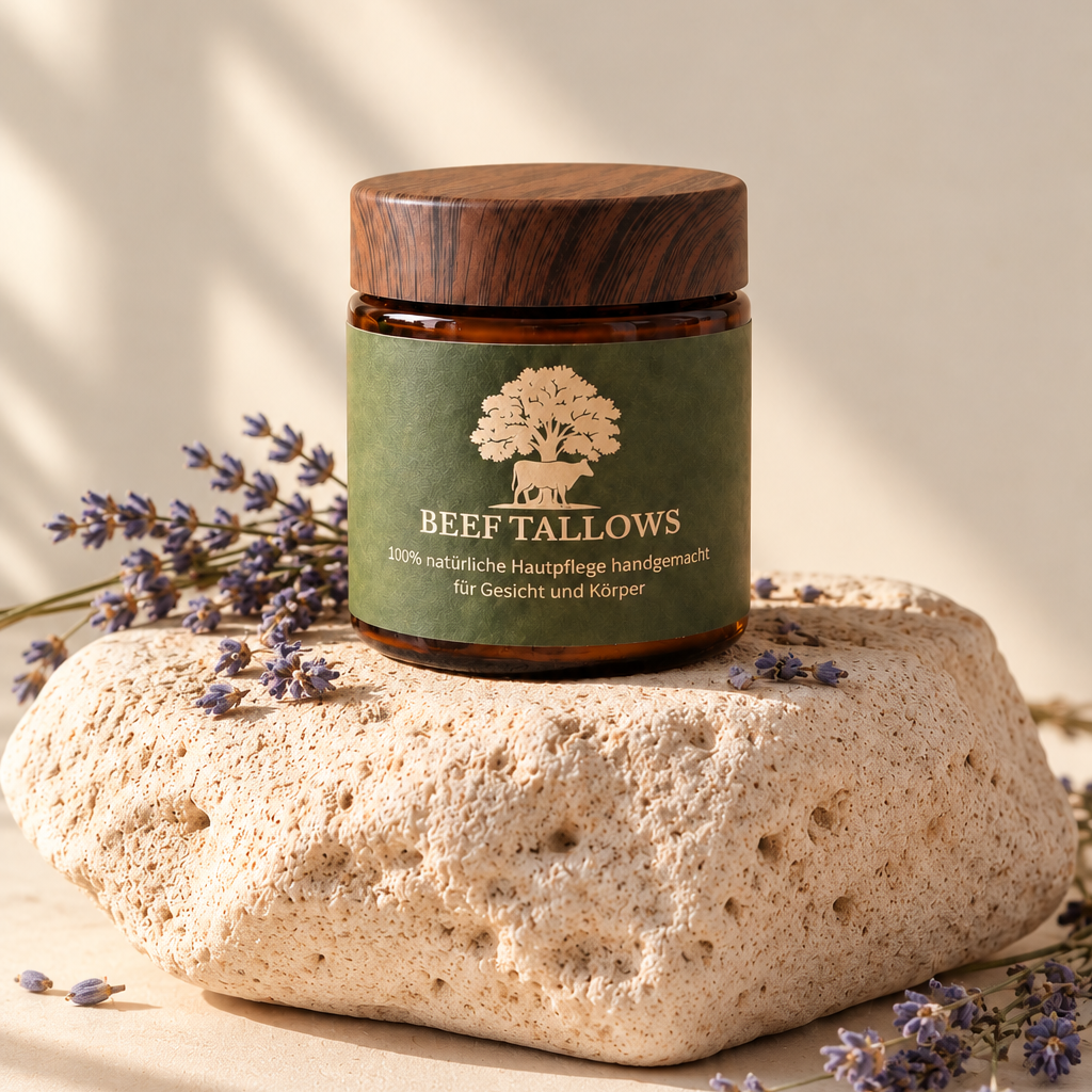 BeefTallows Rindertalg Creme Lavendel im Tiegel mit Holzdeckel auf einem Stein, umgeben von Lavendelzweigen